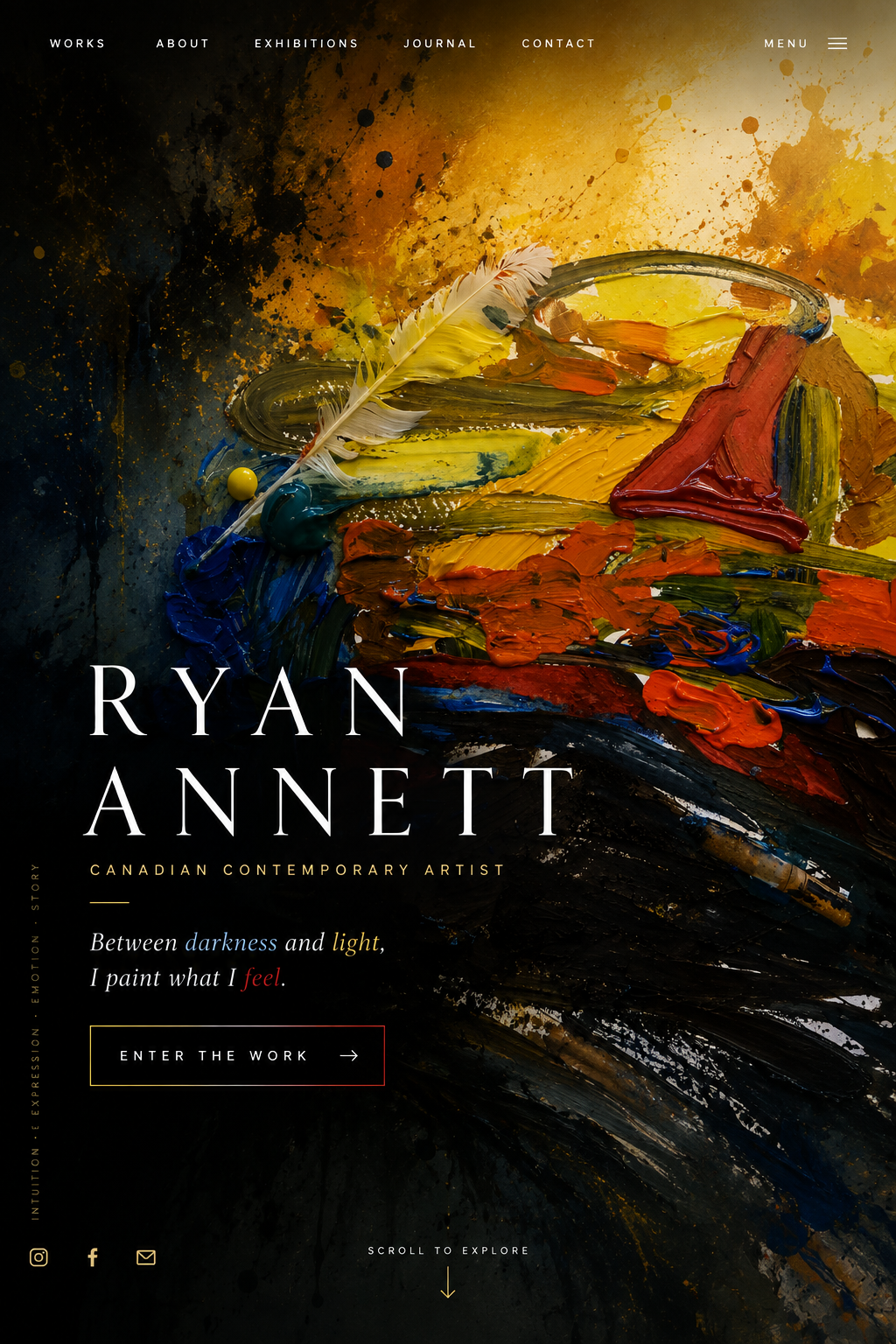 Ryan Annett artist homepage featuring an expressive black, gold, yellow, red and blue abstract painting.